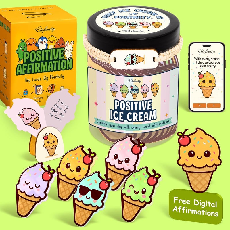 STOFINITY Emotional Support Ice Cream Gifts - 60 Positive Affirmations Cards For Kids, Sweetest Day Gifts For Myself, Fathers Day, Mothers Day, Cute Christmas Gift For Teens Mood-boosting Desk Decor - Image 1